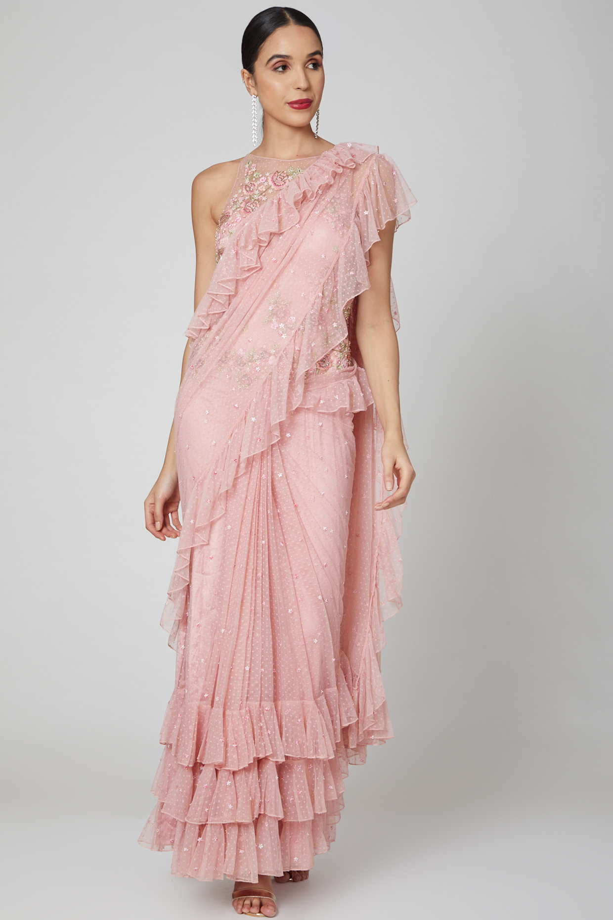 Blush Pink Tulle Saree Gown Set by Rajat & shradda