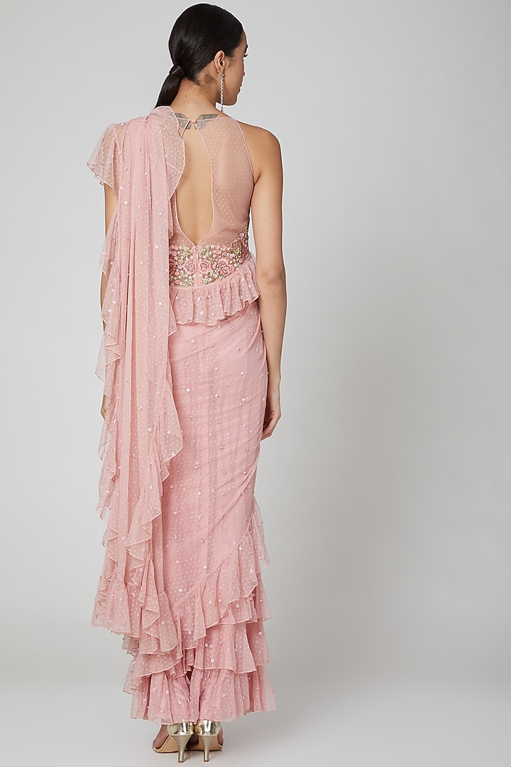 Blush Pink Tulle Wedding Saree Gown Set by Rajat & shradda at Pernia's Pop Up Shop