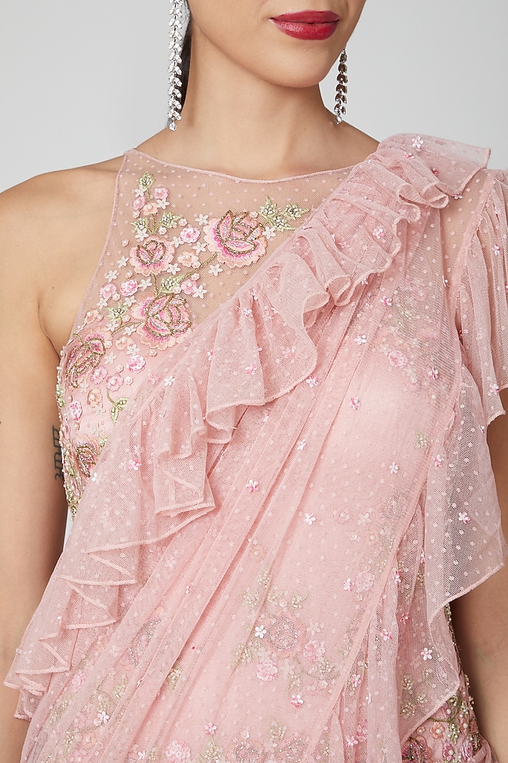 Blush Pink Tulle Wedding Saree Gown Set by Rajat & shradda at Pernia's Pop Up Shop