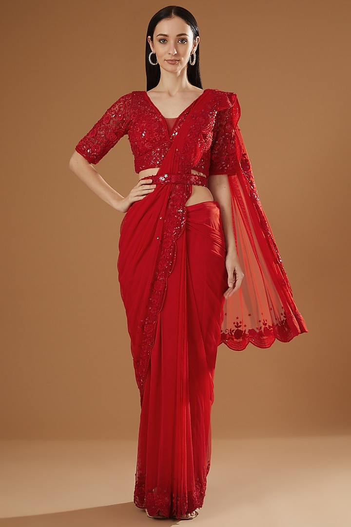 Red Embroidered Draped Saree Set by Rajat & shradda