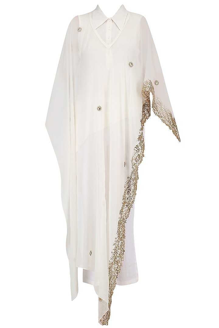 Ivory Embroidered Cape, Shirt and Pants Set by Ruchira Nangalia