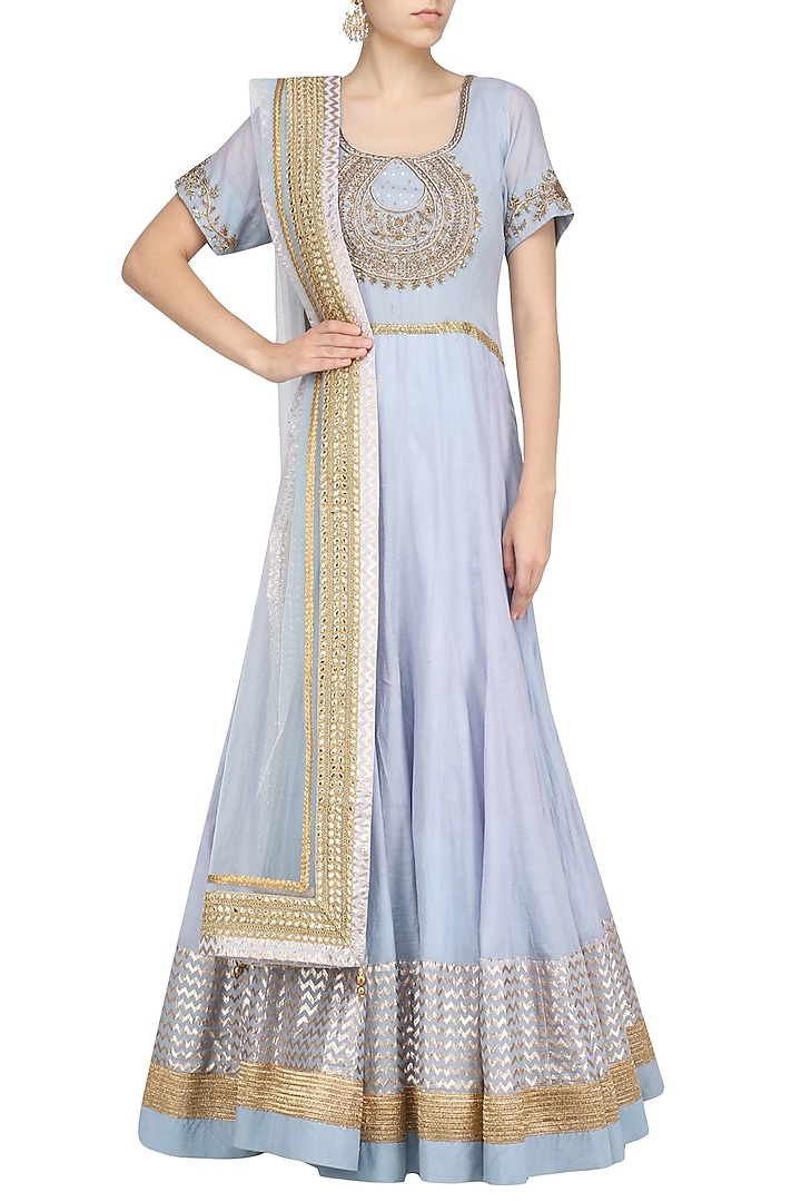 Baby blue zardozi embroidered anarkali set available only at Pernia's Pop Up Shop.