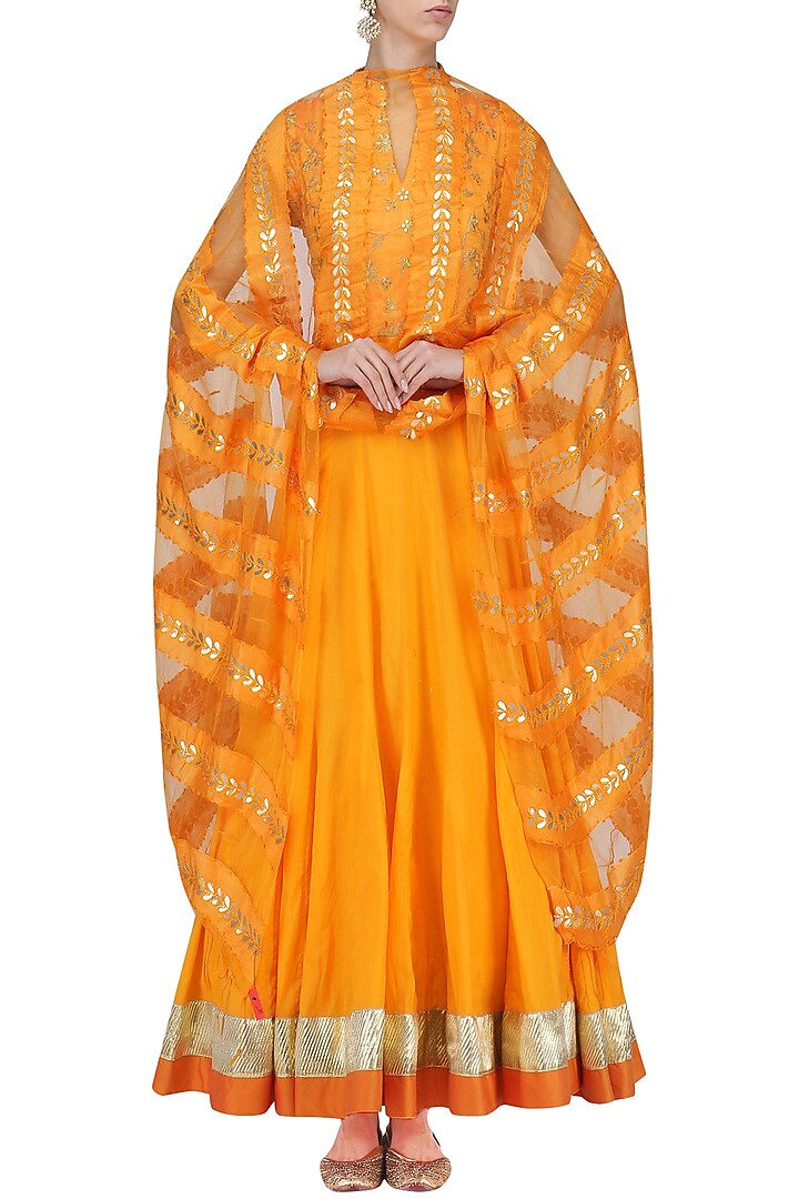 Yellow zari and sequins embroidered anarkali set available only at Pernia's Pop Up Shop.
