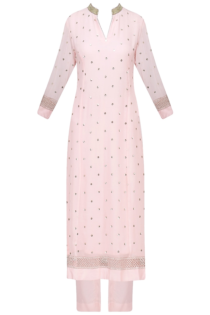 Pale Pink Sequins Embroidered Kurta With Pants Set by RANG by Manjula Soni