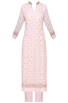 Pale pink sequins embroidered kurta with pants set available only at ...