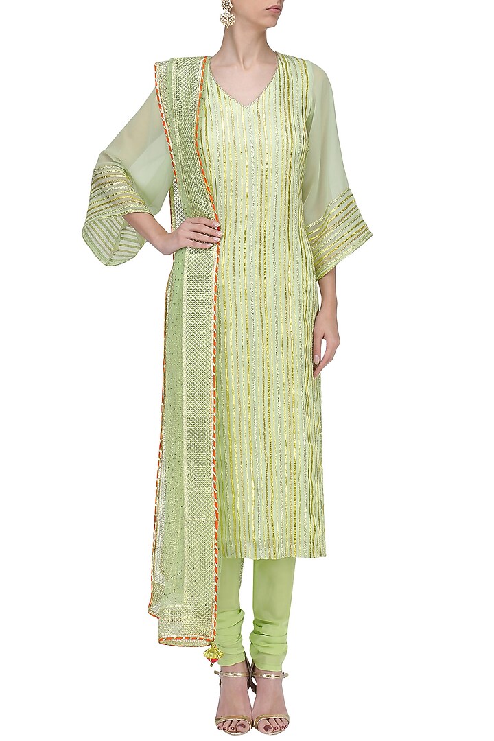 Pale green gota work kurta set available only at Pernia's Pop Up Shop.