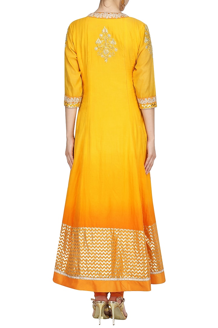 Yellow ombre embroidered angrakha anarkali set available only at Pernia's Pop Up Shop.