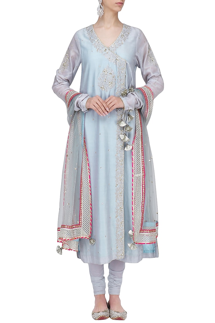 Blue embroidered angrakha anarkali set available only at Pernia's Pop Up Shop.