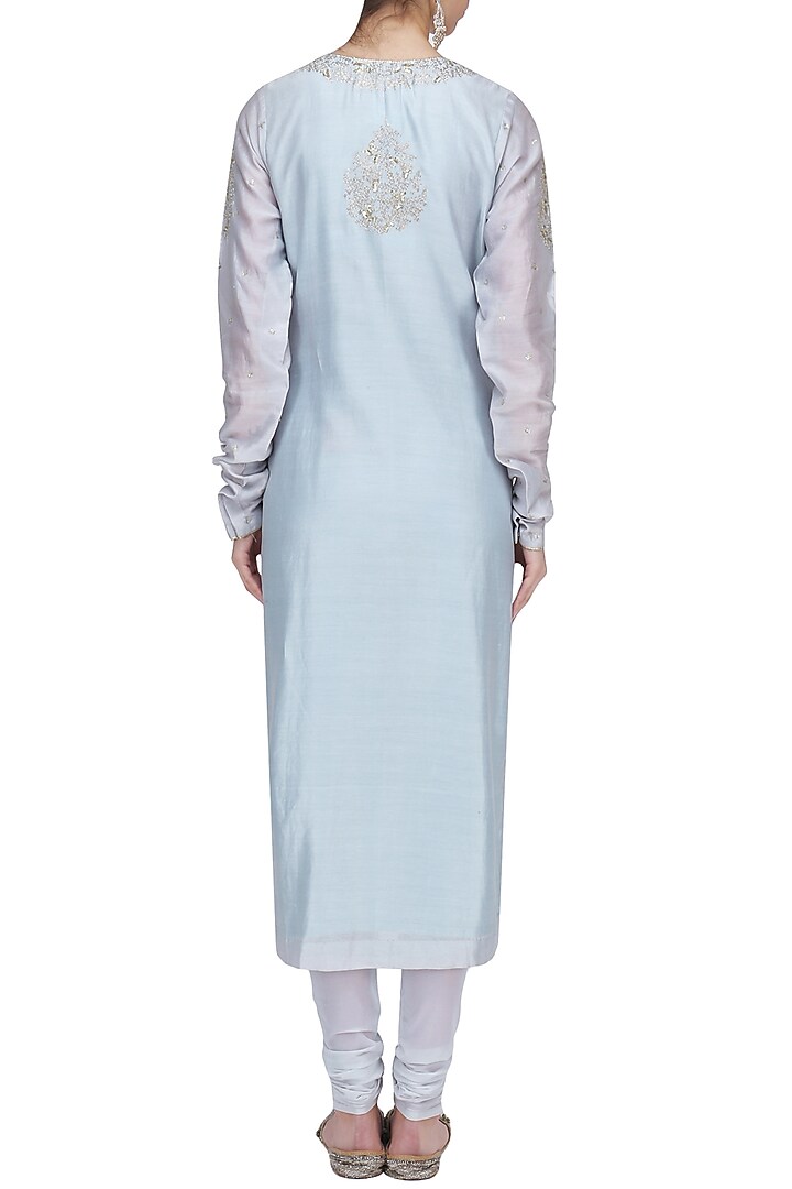 Blue embroidered angrakha anarkali set available only at Pernia's Pop Up Shop.