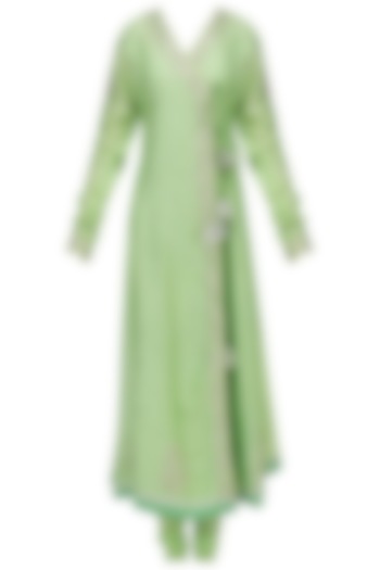 Green embroidered angrakha anarkali set available only at Pernia's Pop Up Shop.