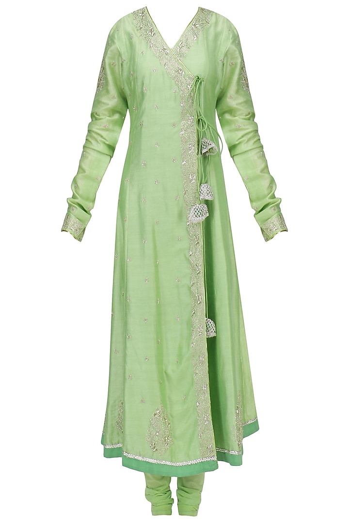 Green embroidered angrakha anarkali set available only at Pernia's Pop Up Shop.