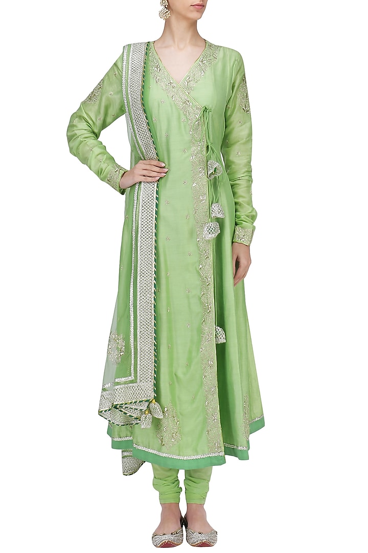 Green embroidered angrakha anarkali set available only at Pernia's Pop Up Shop.