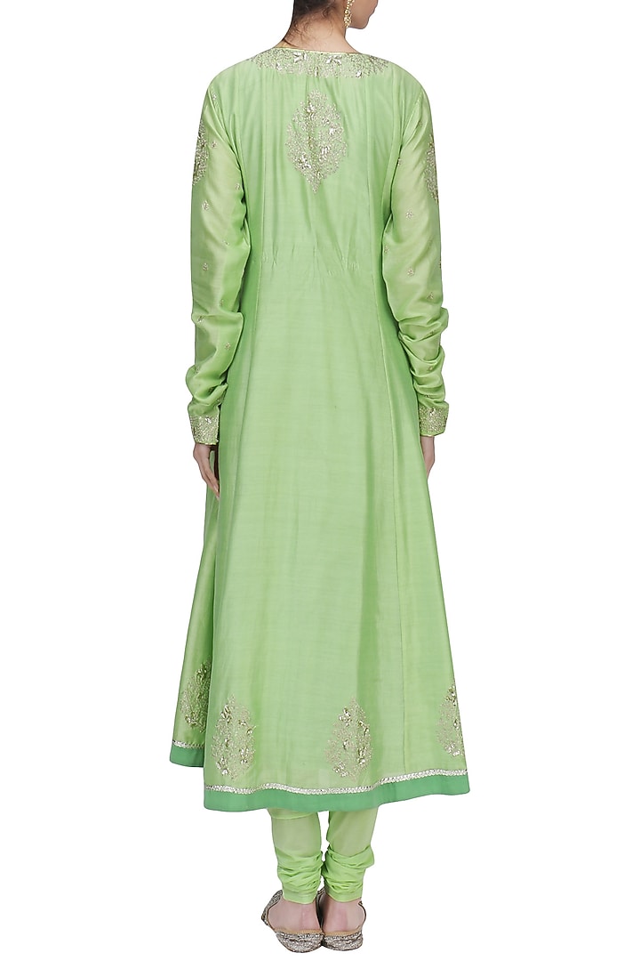 Green embroidered angrakha anarkali set available only at Pernia's Pop Up Shop.