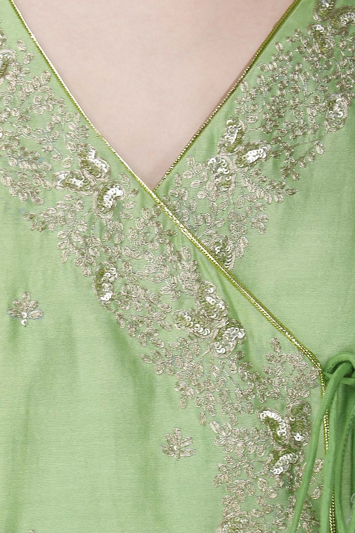 Green embroidered angrakha anarkali set available only at Pernia's Pop Up Shop.