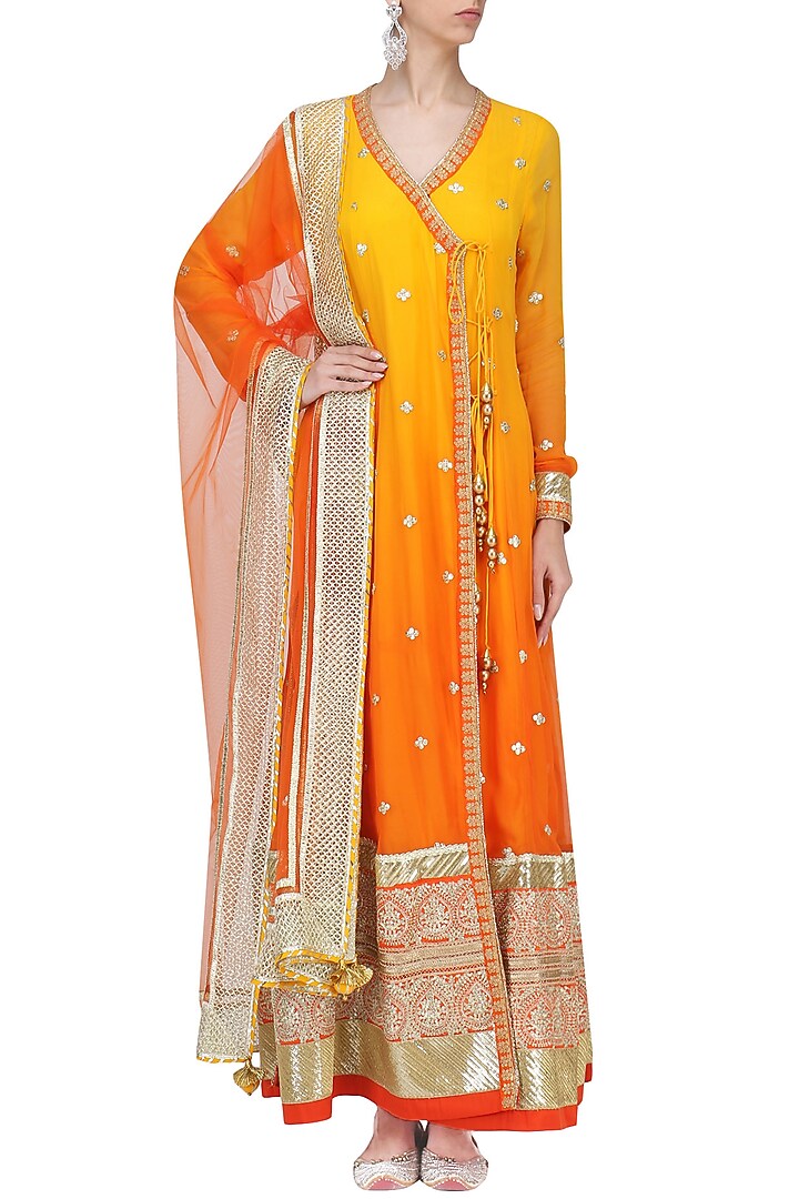 Yellow to rust ombre embroidered angrakha anarkali set available only at Pernia's Pop Up Shop.