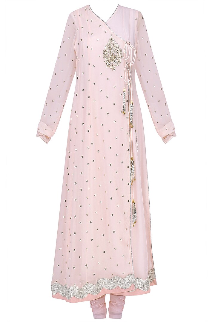 Baby pink sequins embroidered angrakha anarkali set available only at Pernia's Pop Up Shop.