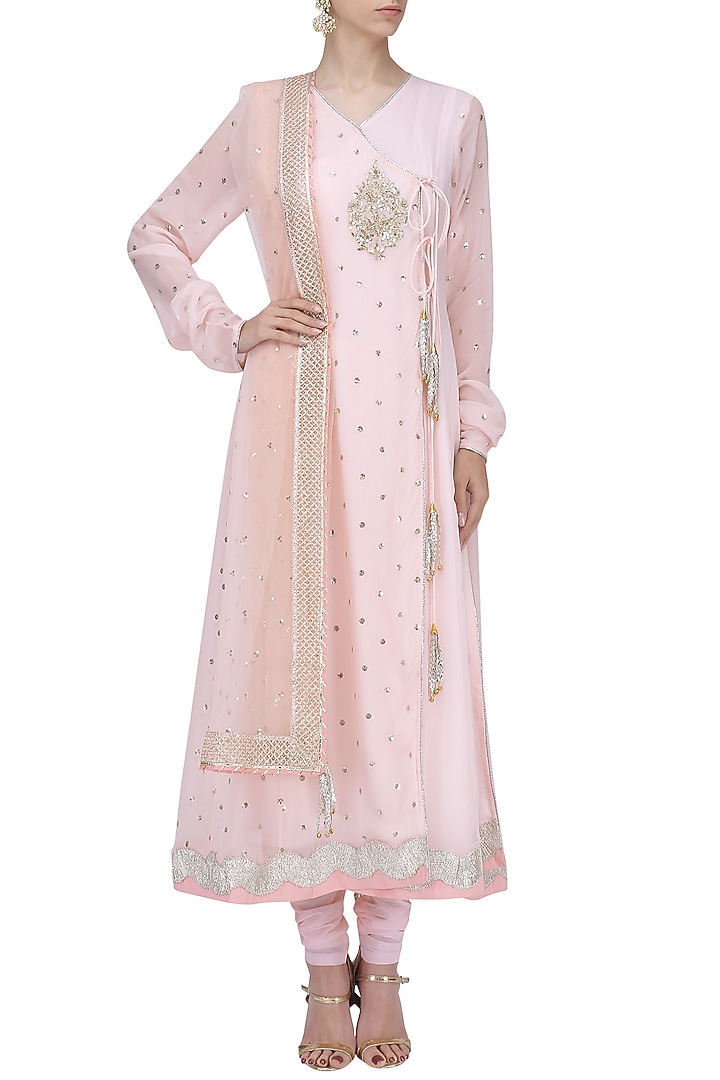 Baby pink sequins embroidered angrakha anarkali set available only at Pernia's Pop Up Shop.
