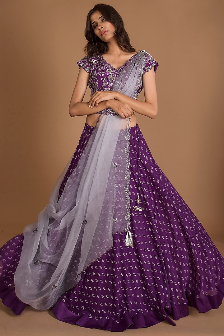 Purple Embroidered Wedding Lehenga Set by Ruchira Nangalia at Pernia's Pop Up Shop