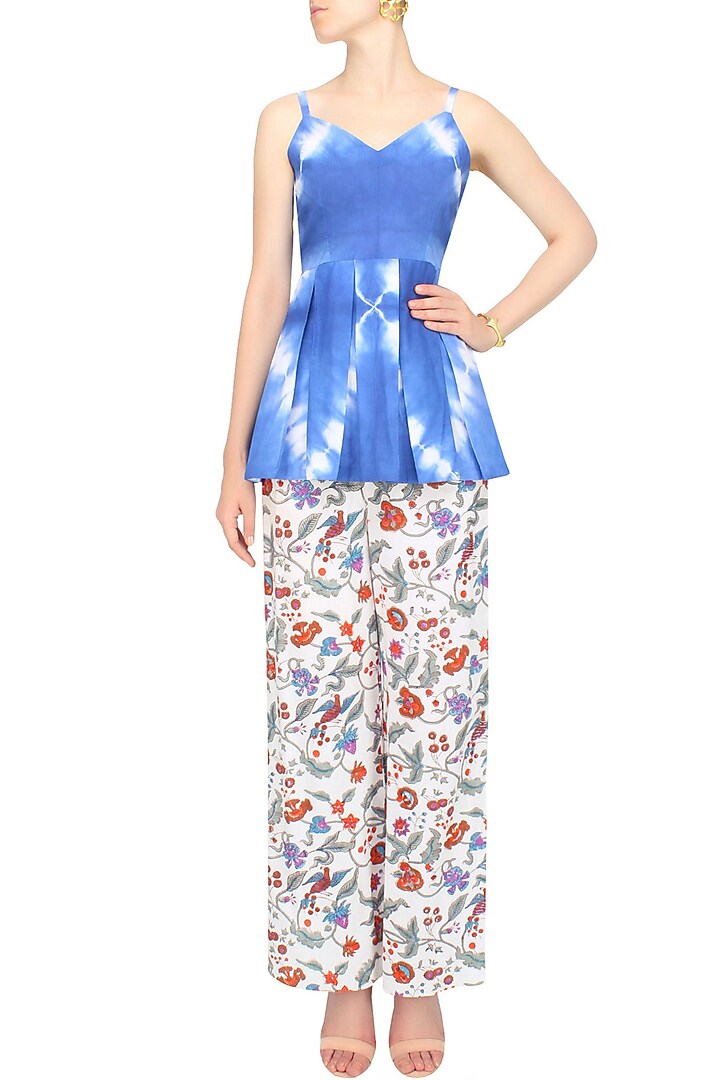 Indigo tye and dye peplum top and block print pants set available only at Pernia's Pop Up Shop.