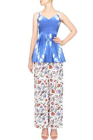 Indigo Tye And Dye Peplum Top And Block Print Pants Set by Ruchira Nangalia