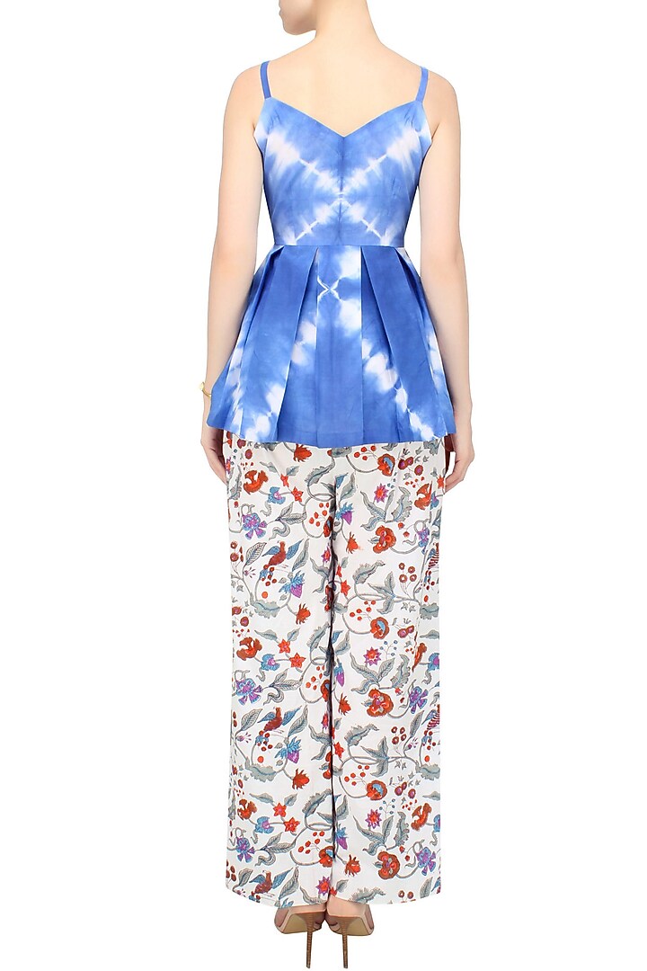 Indigo tye and dye peplum top and block print pants set available only at Pernia's Pop Up Shop.