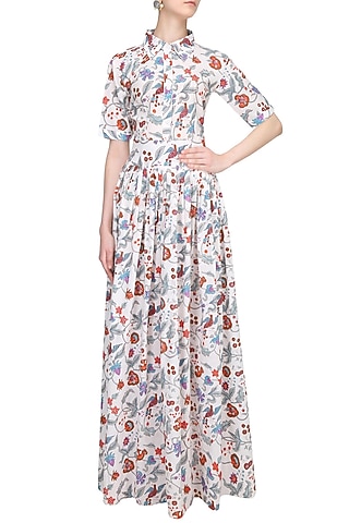Indigo Floral Block Printed Shirt Maxi Dress by Ruchira Nangalia