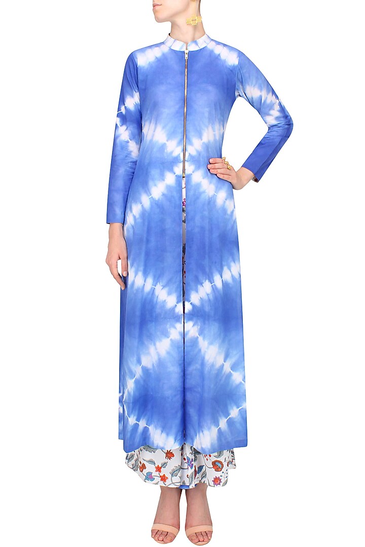 Indigo tye and dye tunic and block print wide legged pants set available only at Pernia's Pop Up Shop.