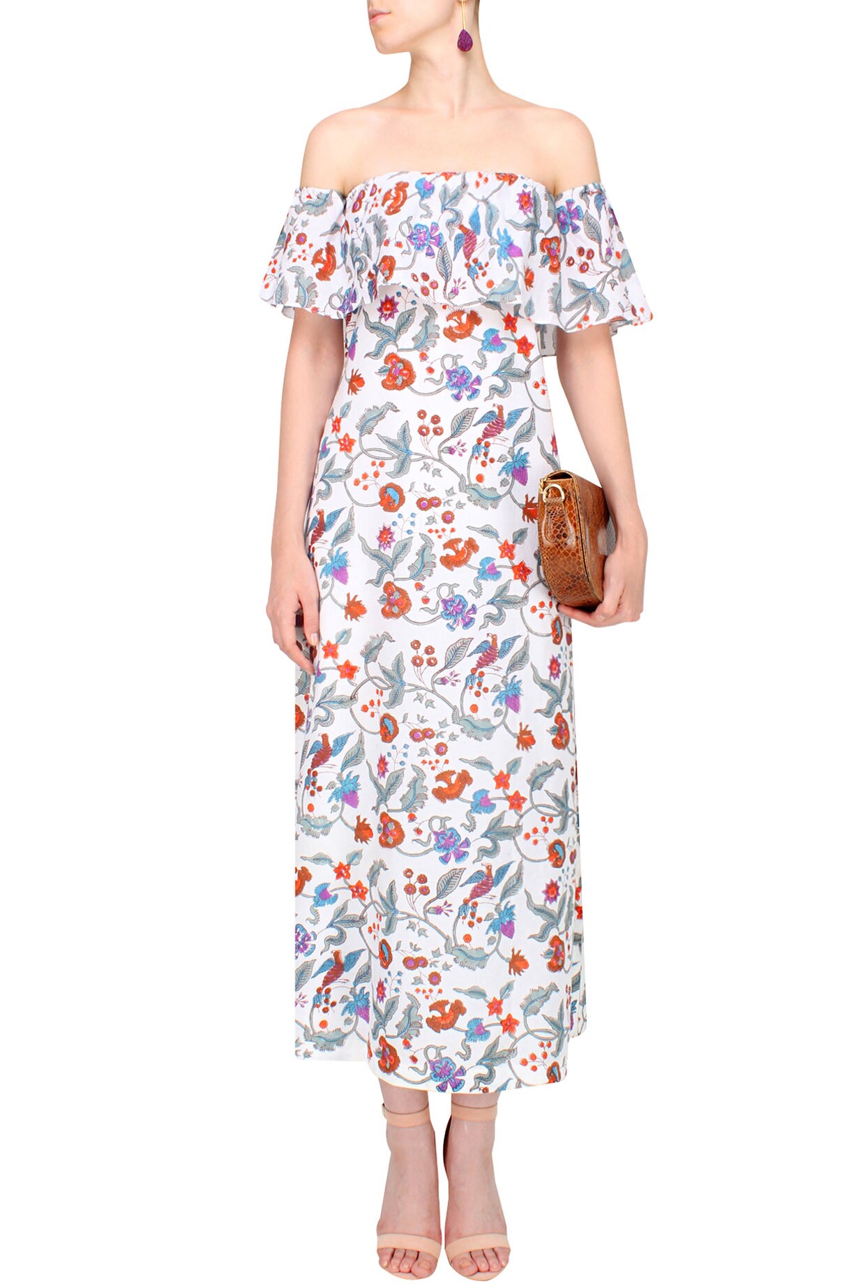 Ivory Off Shoulder Maxi Dress with Floral Detail for Women - Eliana
