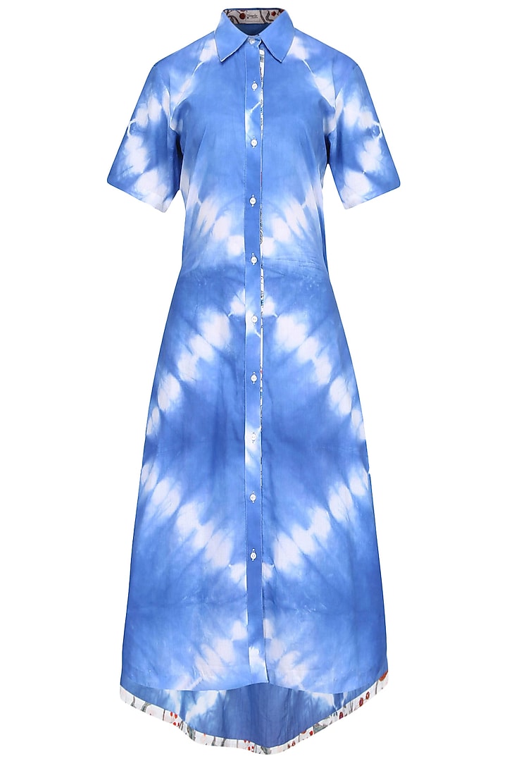 Indigo Tye And Dye High Low Cutout Shirt Dress by Ruchira Nangalia