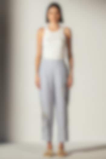Blue Linen Blend Stripe Printed Pants by Ranna Gill at Pernia's Pop Up Shop