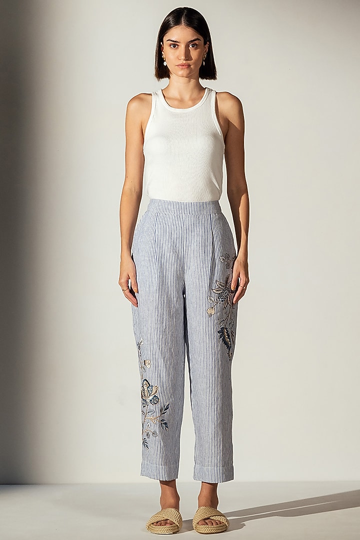 Blue Linen Blend Stripe Printed Pants by Ranna Gill at Pernia's Pop Up Shop