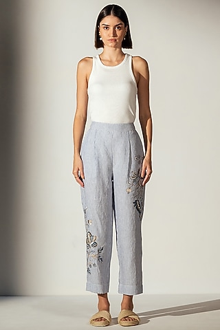 Blue Linen Blend Stripe Printed Pants by Ranna Gill