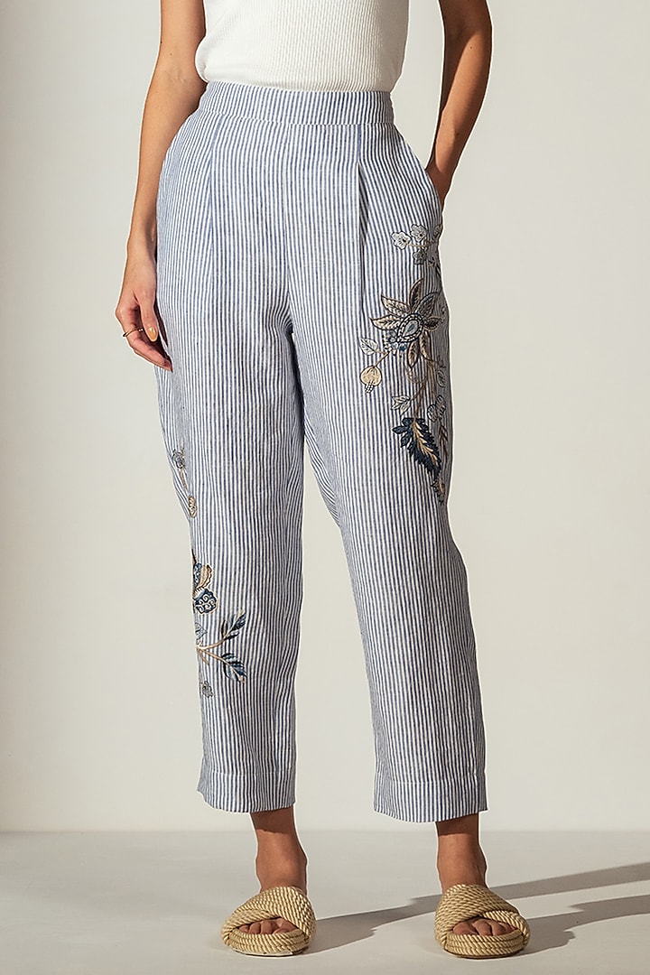 Blue Linen Blend Stripe Printed Pants by Ranna Gill at Pernia's Pop Up Shop