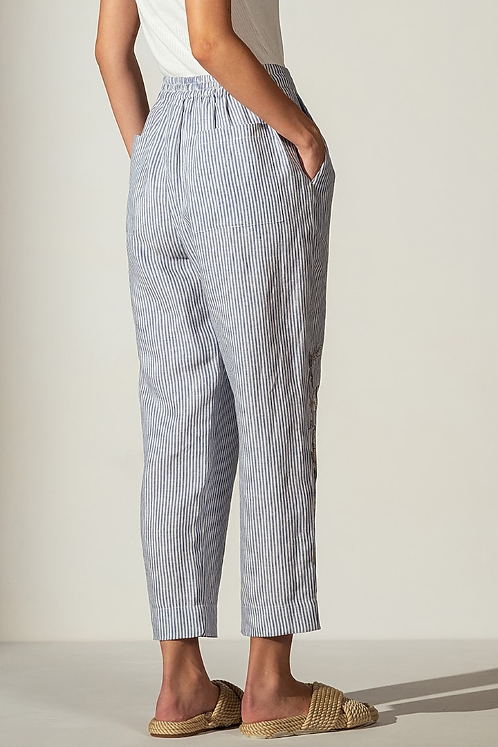 Blue Linen Blend Stripe Printed Pants by Ranna Gill at Pernia's Pop Up Shop