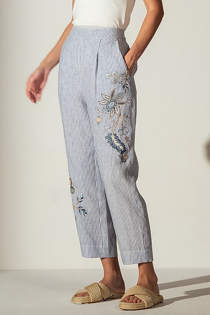 Blue Linen Blend Stripe Printed Pants by Ranna Gill at Pernia's Pop Up Shop