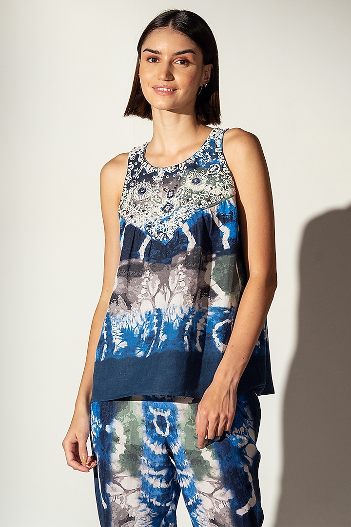 Multi-Colored Linen Blend Shibori Printed Tank Top by Ranna Gill at Pernia's Pop Up Shop