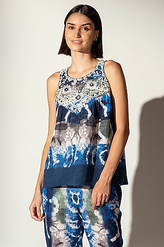 Multi-Colored Linen Blend Shibori Printed Tank Top by Ranna Gill