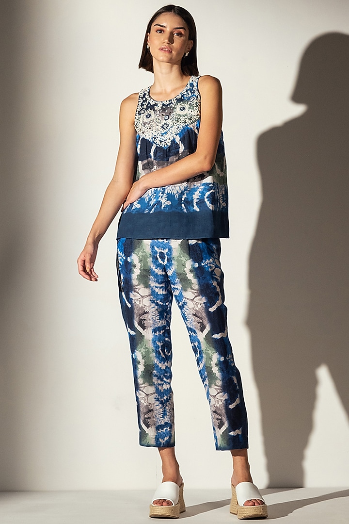 Multi-Colored Linen Blend Shibori Printed Tank Top by Ranna Gill at Pernia's Pop Up Shop