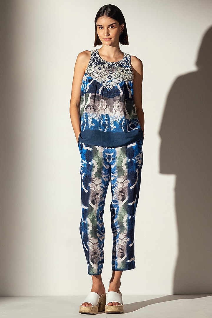 Multi-Colored Linen Blend Shibori Printed Tank Top by Ranna Gill at Pernia's Pop Up Shop