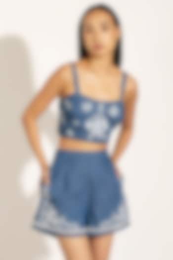 Blue Denim Embroidered Bustier by Ranna Gill at Pernia's Pop Up Shop
