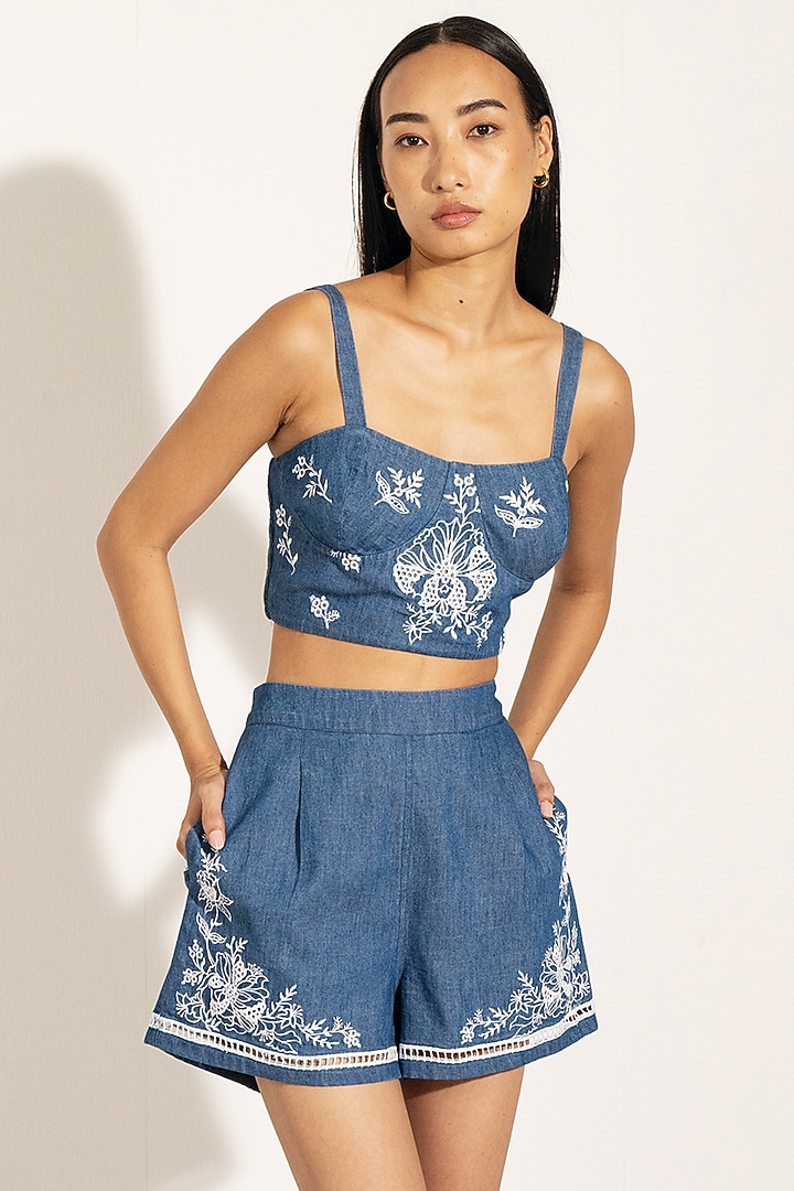 Blue Denim Embroidered Bustier by Ranna Gill at Pernia's Pop Up Shop