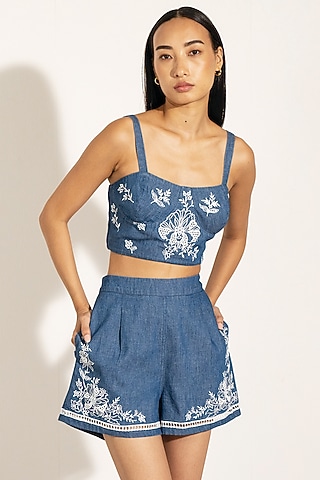 Blue Denim Embroidered Bustier by Ranna Gill