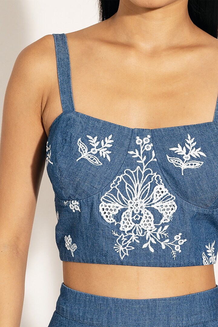 Blue Denim Embroidered Bustier by Ranna Gill at Pernia's Pop Up Shop