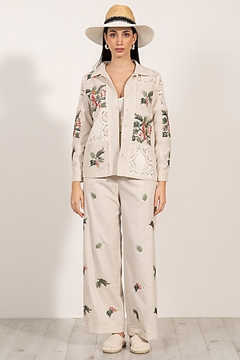 Beige Linen Floral Embellished High-Waisted Pants by Ranna Gill at Pernia's Pop Up Shop