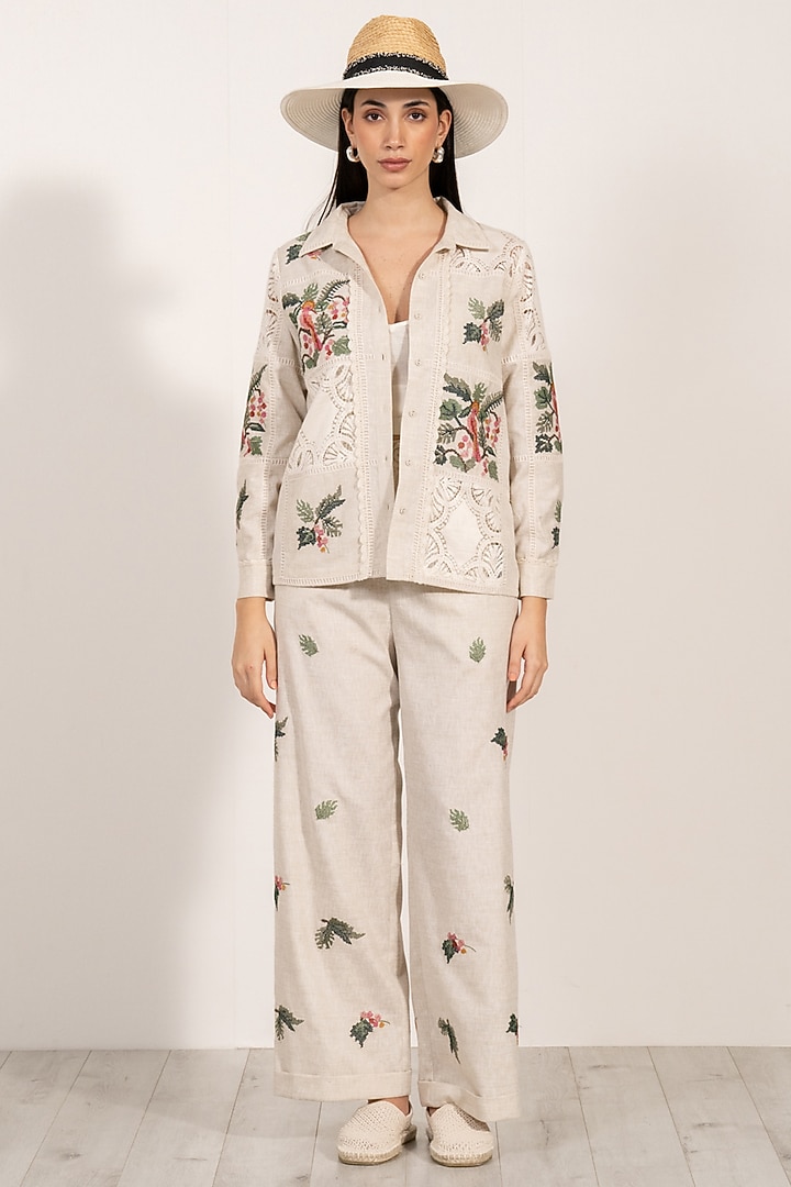 Beige Linen Floral Embellished High-Waisted Pants by Ranna Gill at Pernia's Pop Up Shop