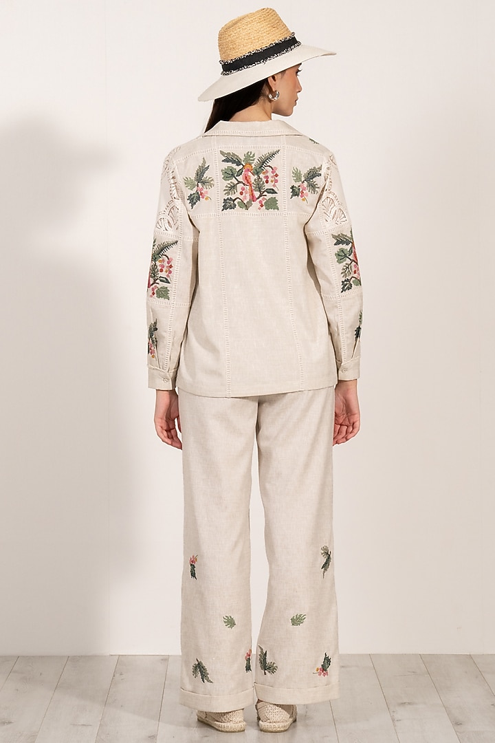 Beige Linen Floral Embellished High-Waisted Pants by Ranna Gill at Pernia's Pop Up Shop