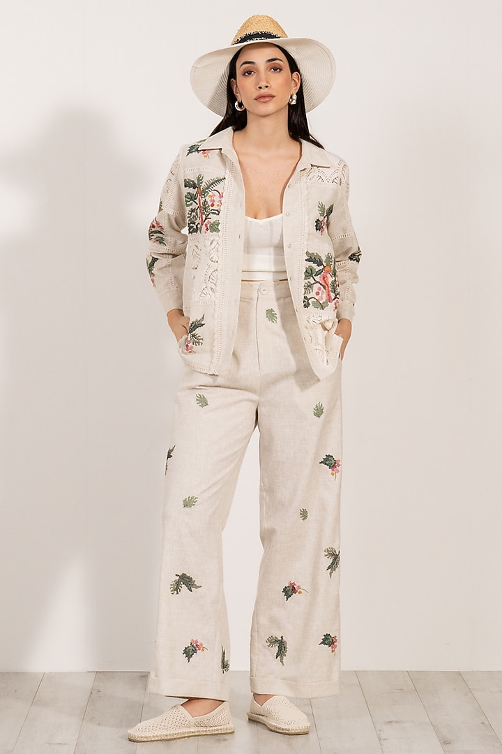 Beige Linen Floral Embellished High-Waisted Pants by Ranna Gill at Pernia's Pop Up Shop