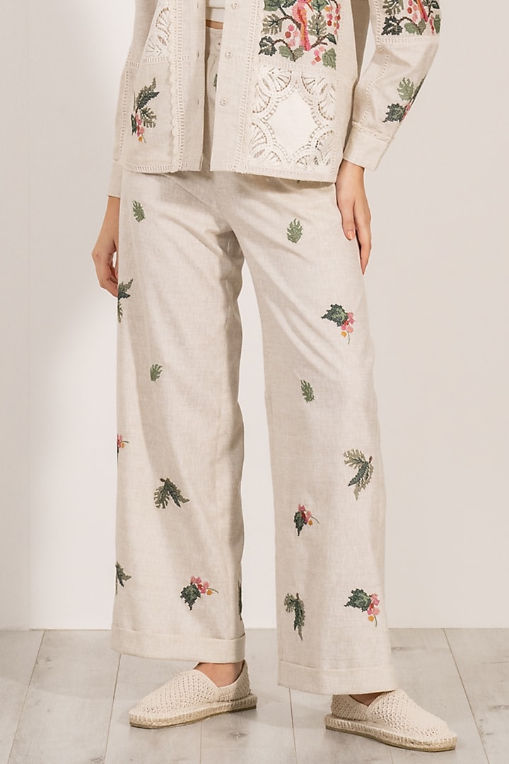 Beige Linen Floral Embellished High-Waisted Pants by Ranna Gill at Pernia's Pop Up Shop