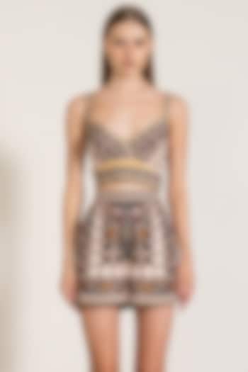 Brown Viscose Linen Blend Floral Printed Bustier by Ranna Gill at Pernia's Pop Up Shop