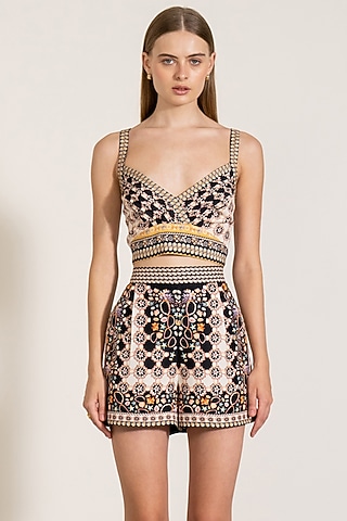 Brown Viscose Linen Blend Floral Printed Bustier by Ranna Gill